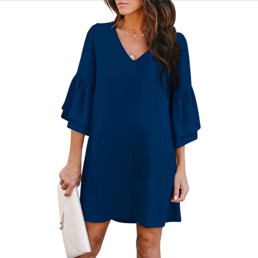 Women's V-Neck Bell Sleeve Shift Mini Dress, XL, Navy, NWT